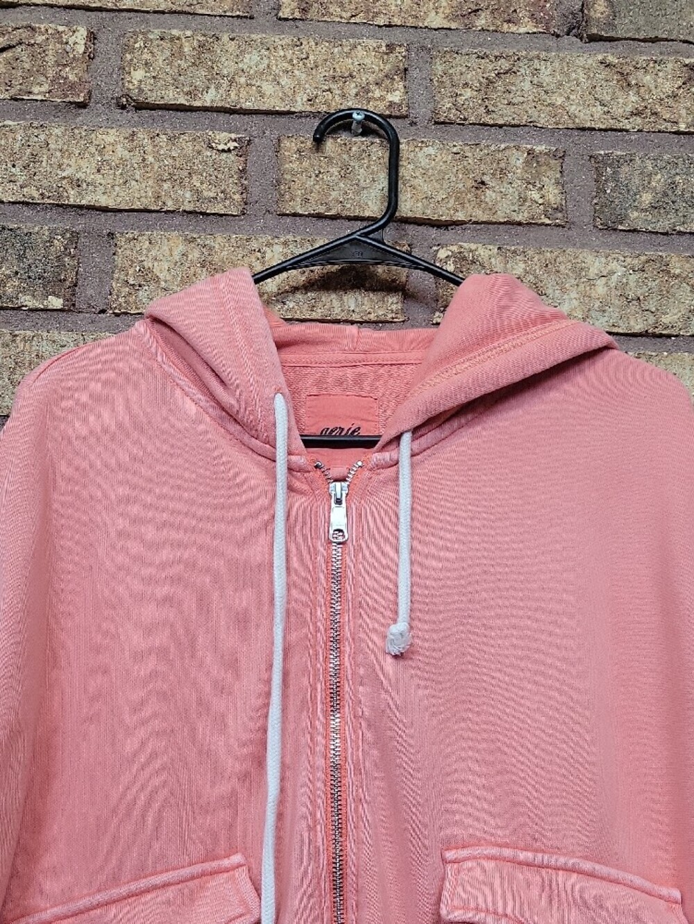 Aerie Coral Pink Oversized Zip Up Hoodie Cropped Front Pocket Sweatshirt Medium - Picture 3 of 12